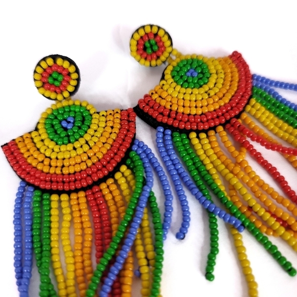 Rainbow Beaded Dangle Stud Earrings NWOT - Picture 6 of 6